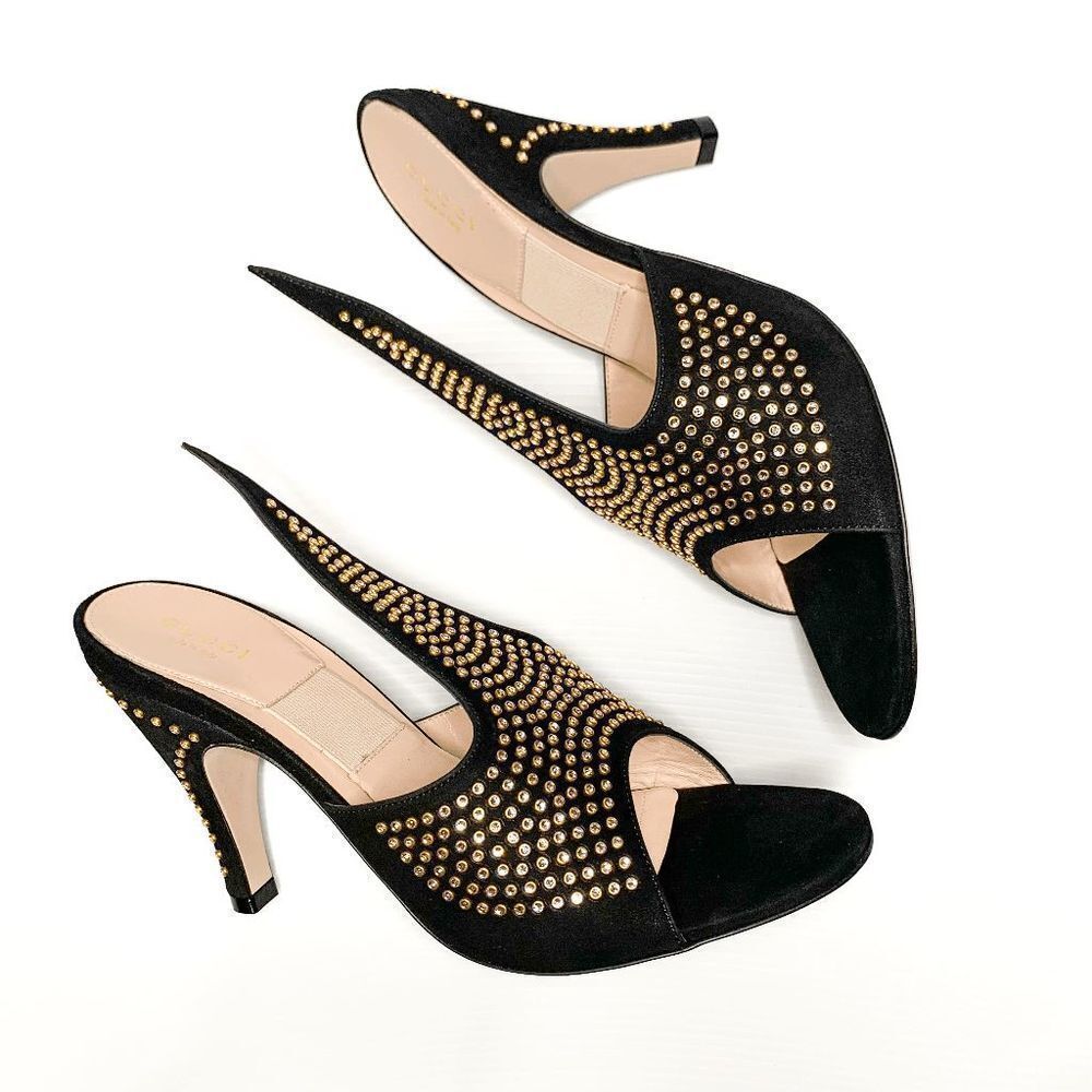 Gucci Fedra Crystal Embellished High Heel Mules EU 39.5 US 9.5 Black Suede Pumps - Picture 6 of 11